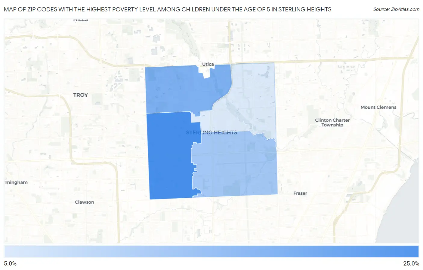 Zip Codes with the Highest Poverty Level Among Children Under the Age of 5 in Sterling Heights Map