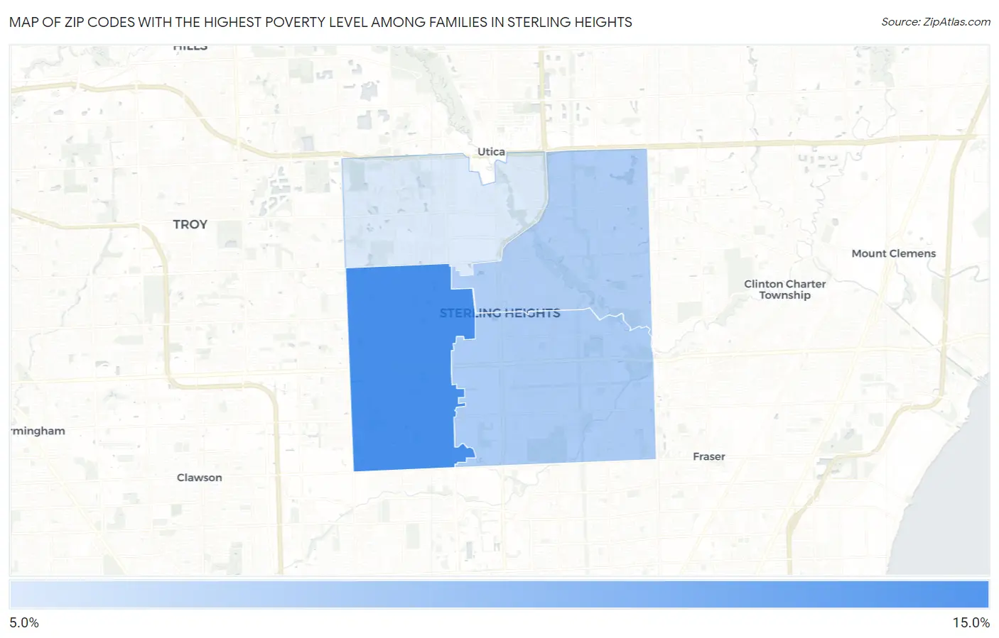 Zip Codes with the Highest Poverty Level Among Families in Sterling Heights Map