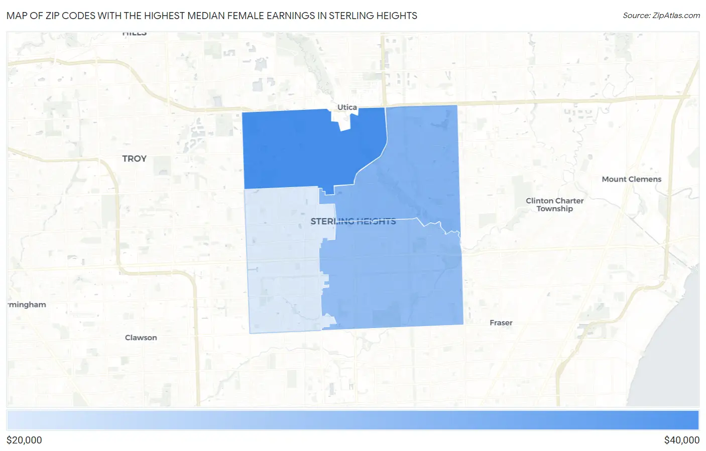 Zip Codes with the Highest Median Female Earnings in Sterling Heights Map
