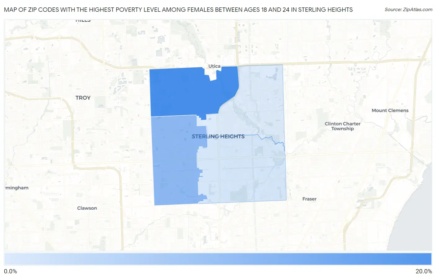 Zip Codes with the Highest Poverty Level Among Females Between Ages 18 and 24 in Sterling Heights Map