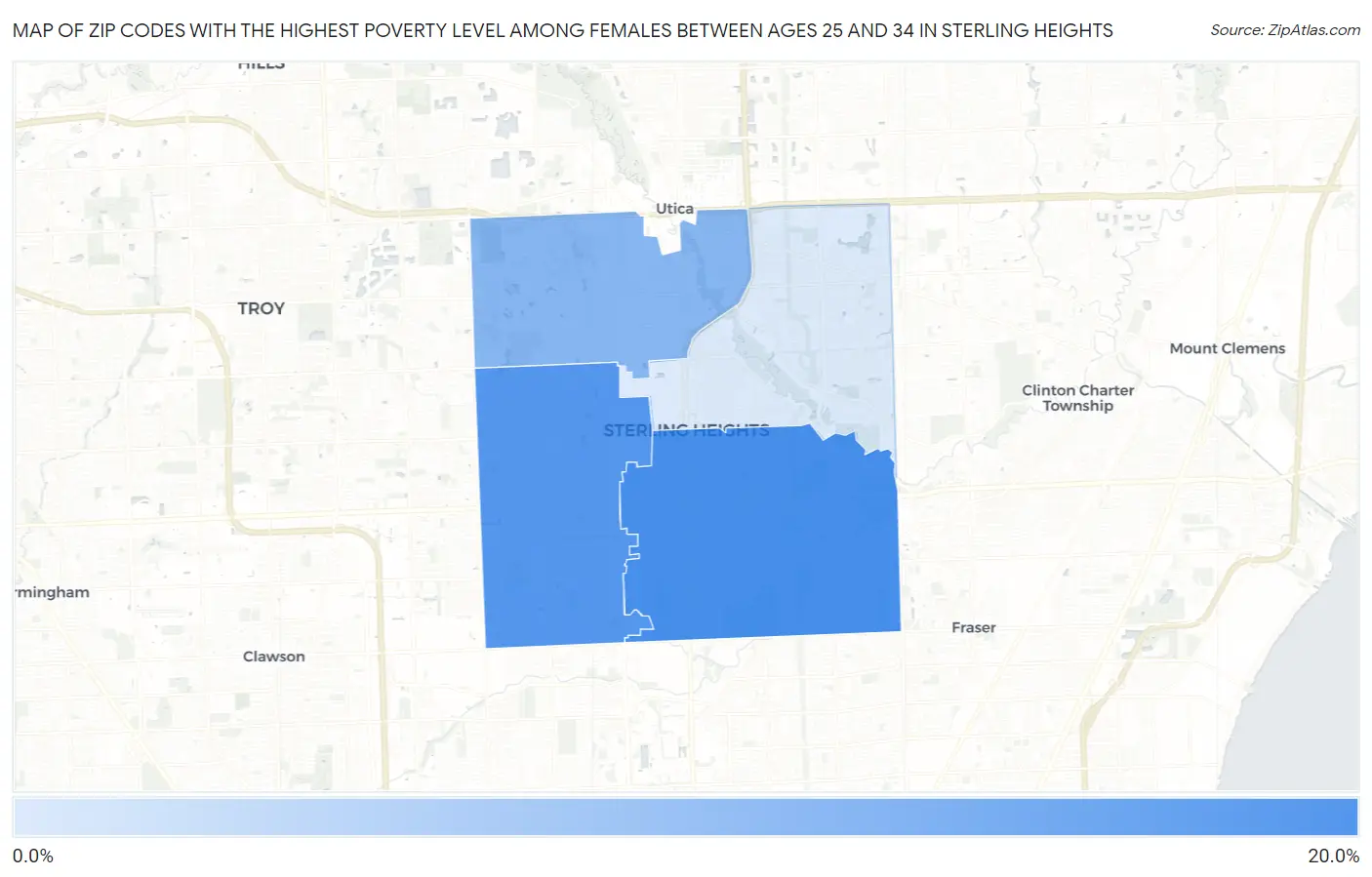 Zip Codes with the Highest Poverty Level Among Females Between Ages 25 and 34 in Sterling Heights Map