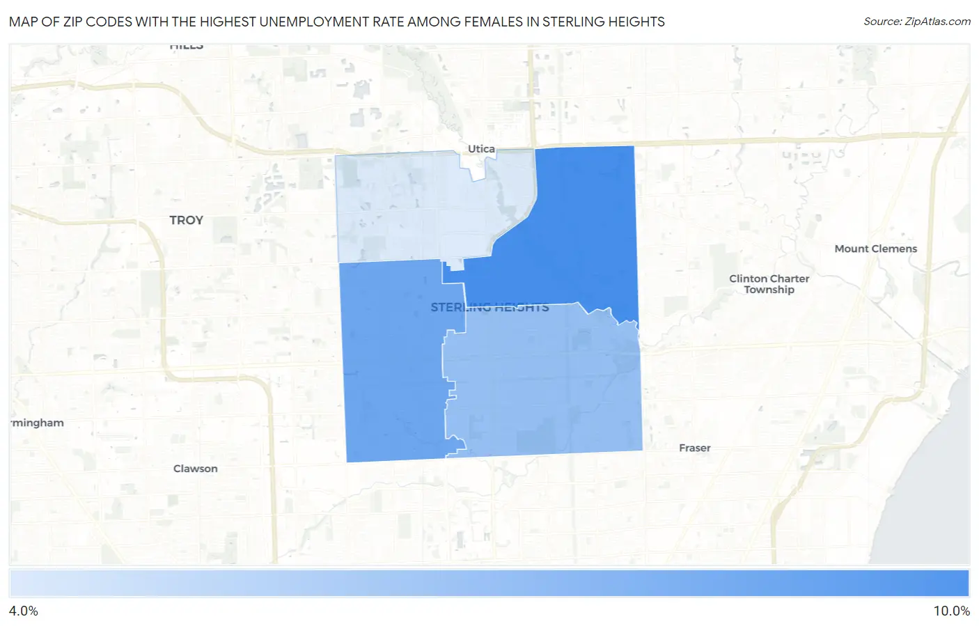 Zip Codes with the Highest Unemployment Rate Among Females in Sterling Heights Map