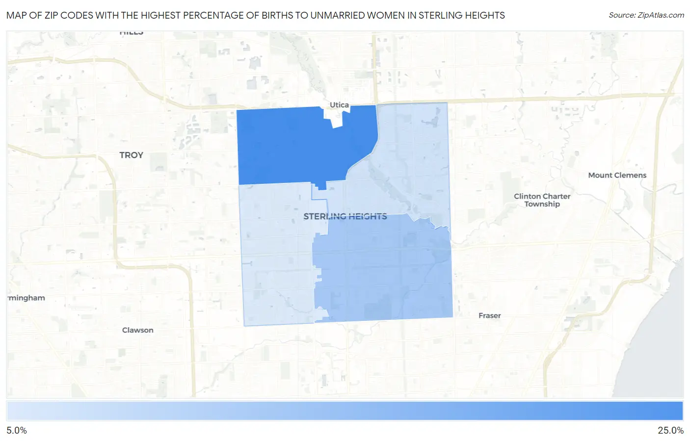 Zip Codes with the Highest Percentage of Births to Unmarried Women in Sterling Heights Map