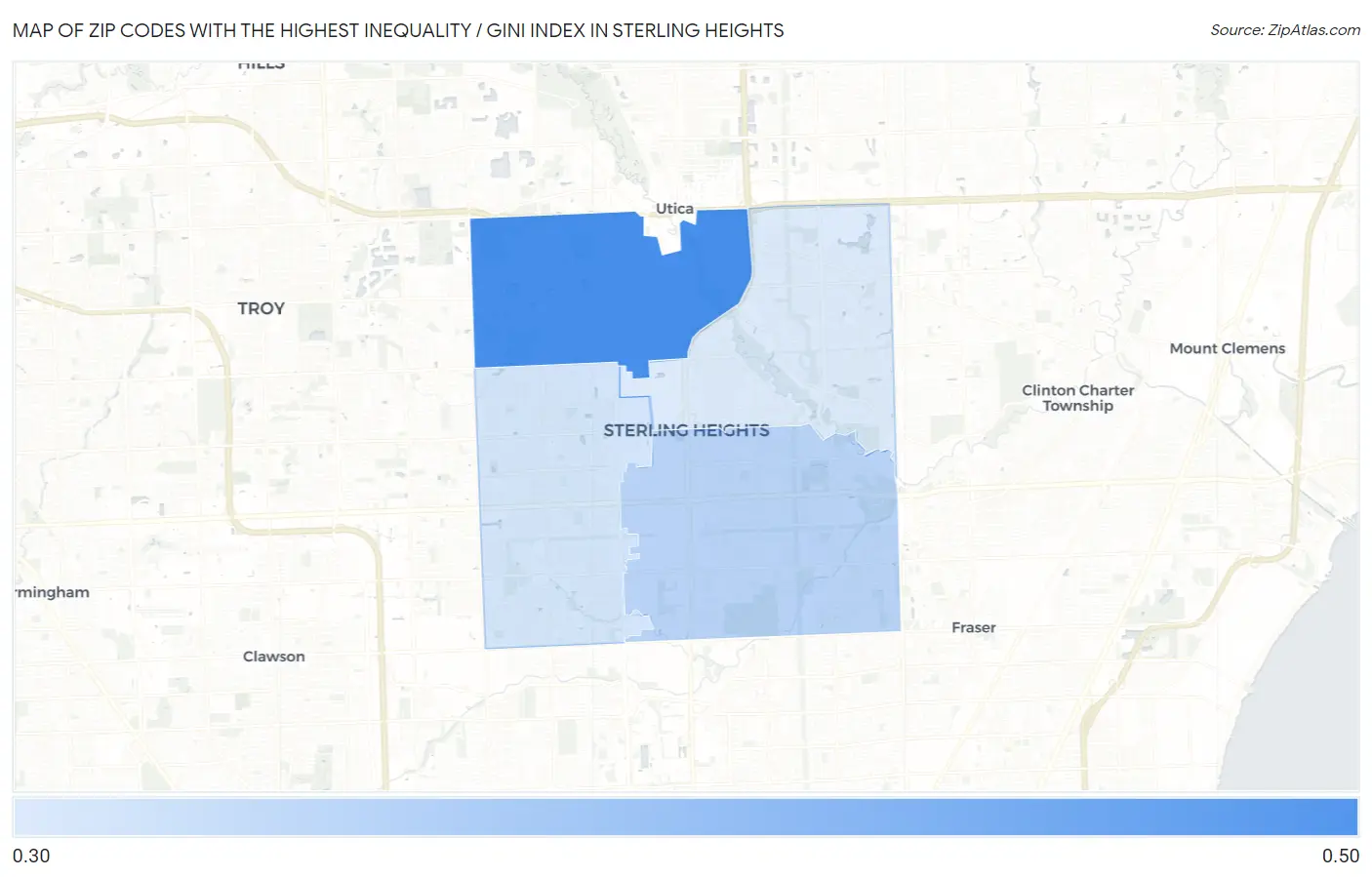 Zip Codes with the Highest Inequality / Gini Index in Sterling Heights Map