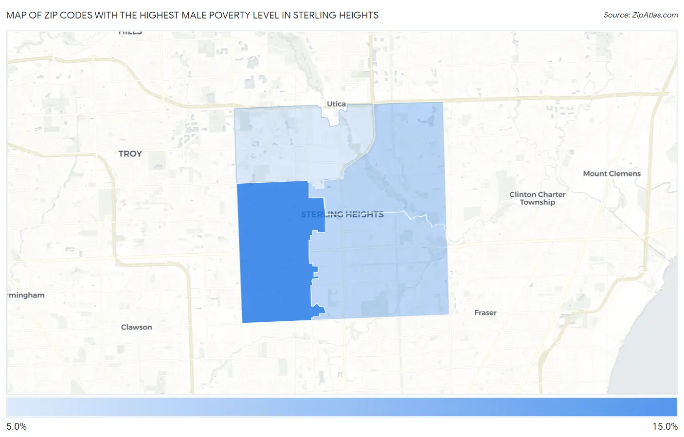 Zip Codes with the Highest Male Poverty Level in Sterling Heights Map