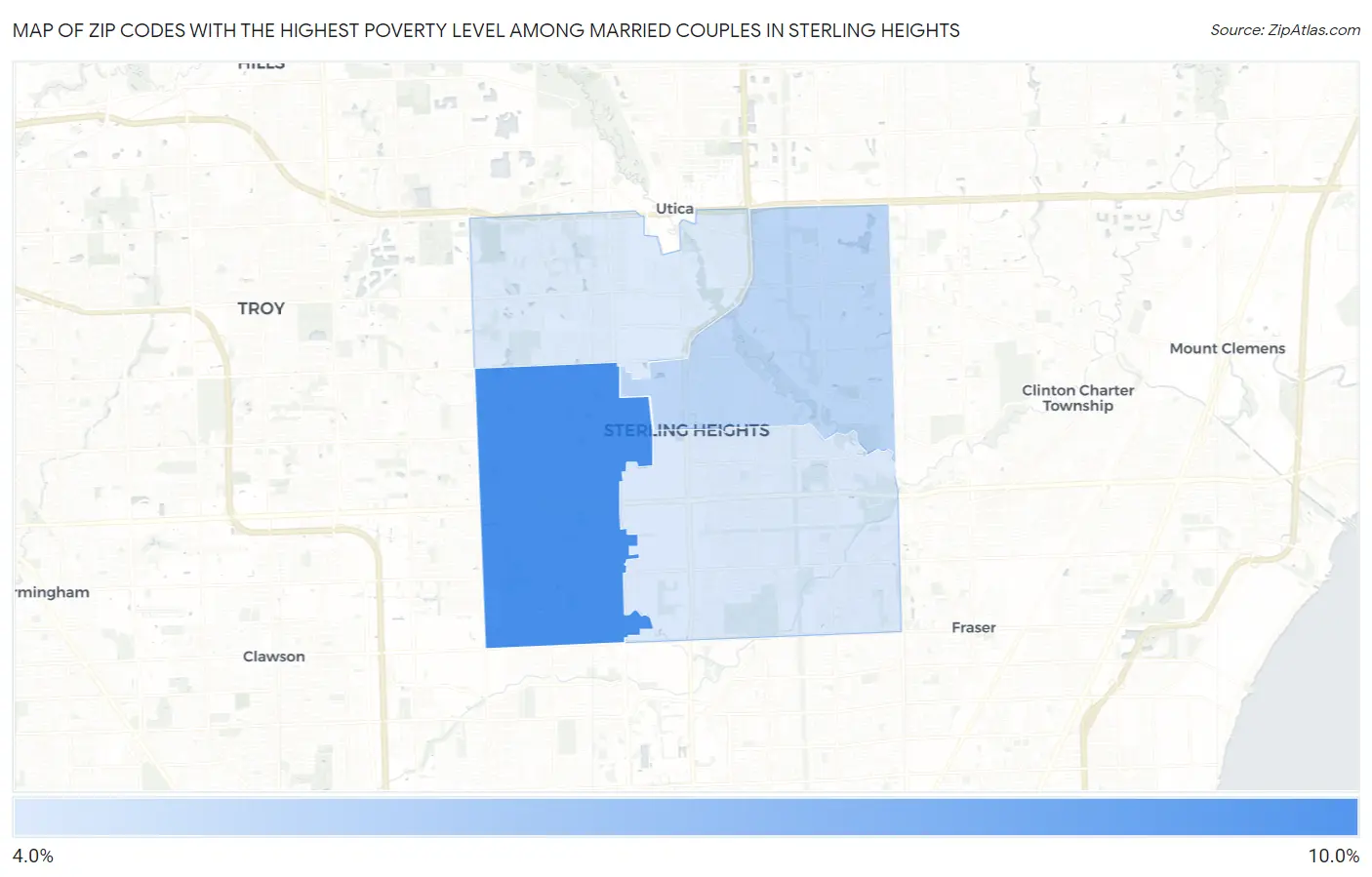 Zip Codes with the Highest Poverty Level Among Married Couples in Sterling Heights Map