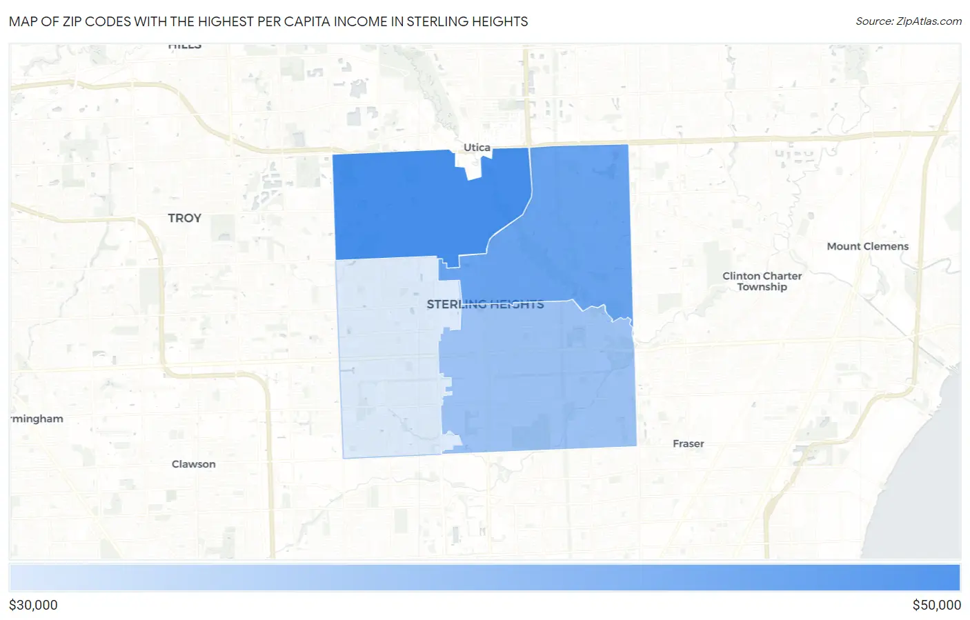 Zip Codes with the Highest Per Capita Income in Sterling Heights Map