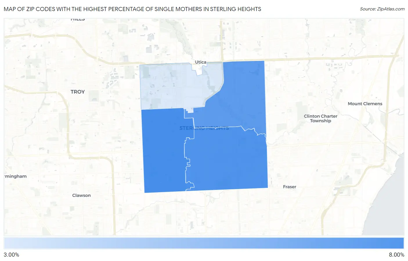 Zip Codes with the Highest Percentage of Single Mothers in Sterling Heights Map
