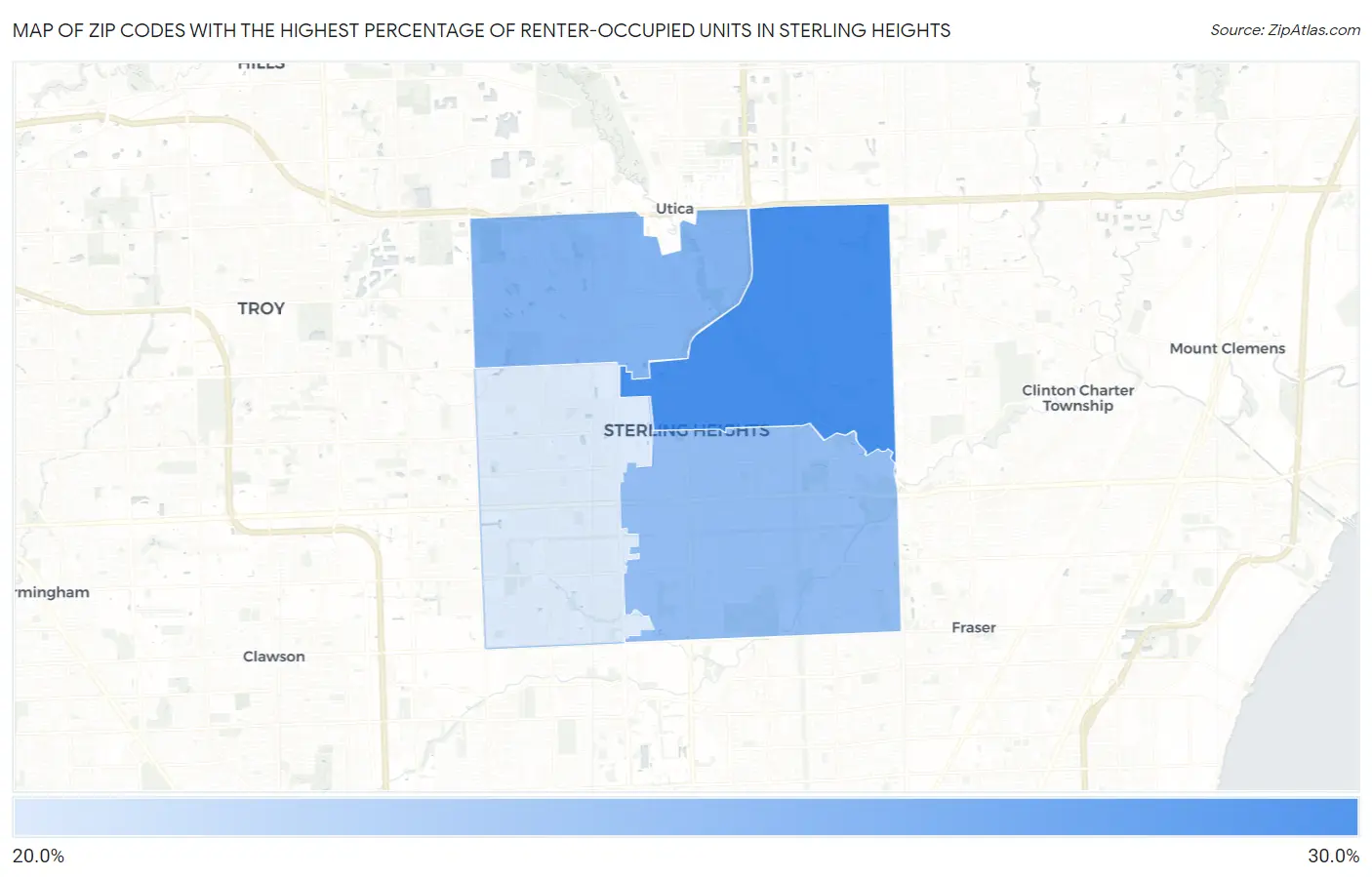 Zip Codes with the Highest Percentage of Renter-Occupied Units in Sterling Heights Map