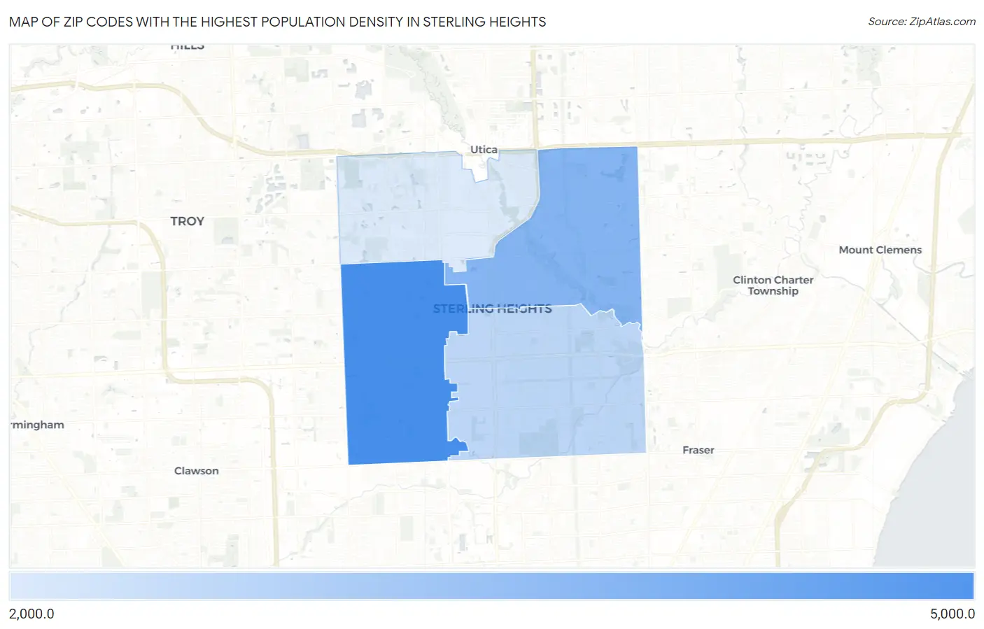 Zip Codes with the Highest Population Density in Sterling Heights Map