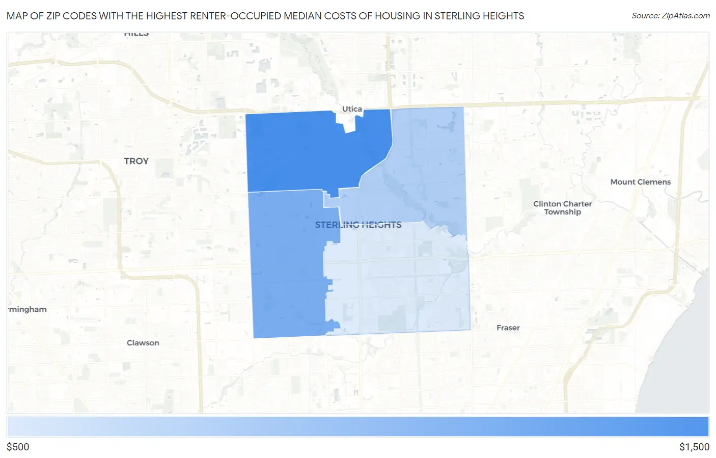 Zip Codes with the Highest Renter-Occupied Median Costs of Housing in Sterling Heights Map