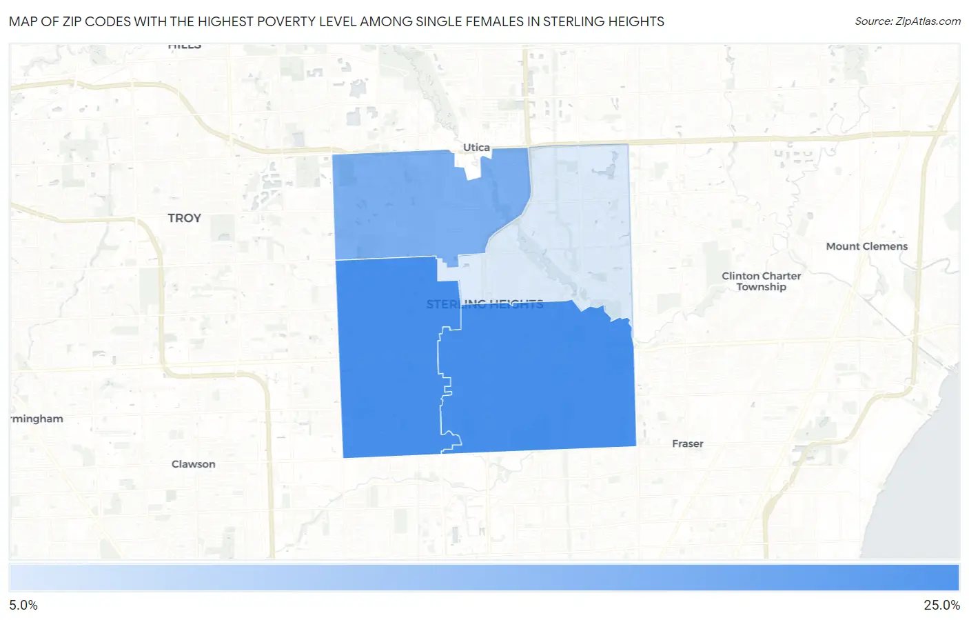 Zip Codes with the Highest Poverty Level Among Single Females in Sterling Heights Map