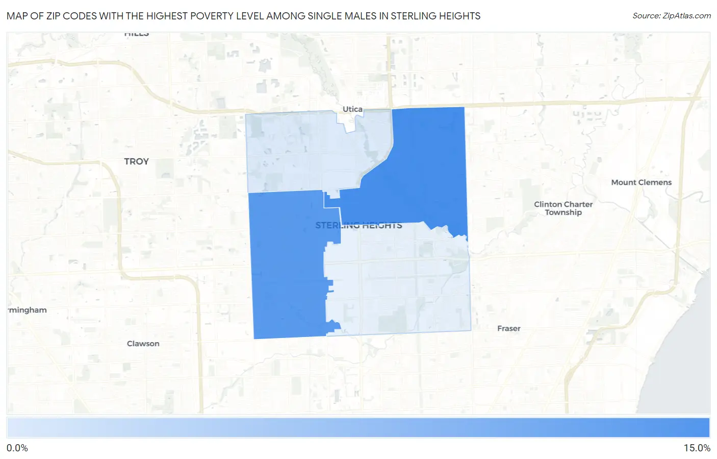 Zip Codes with the Highest Poverty Level Among Single Males in Sterling Heights Map