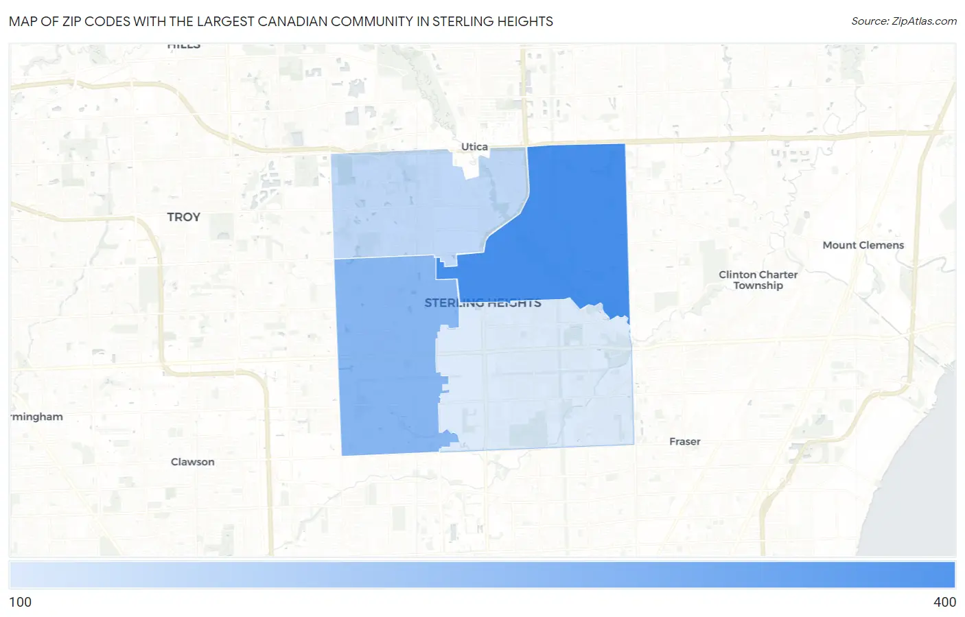 Zip Codes with the Largest Canadian Community in Sterling Heights Map