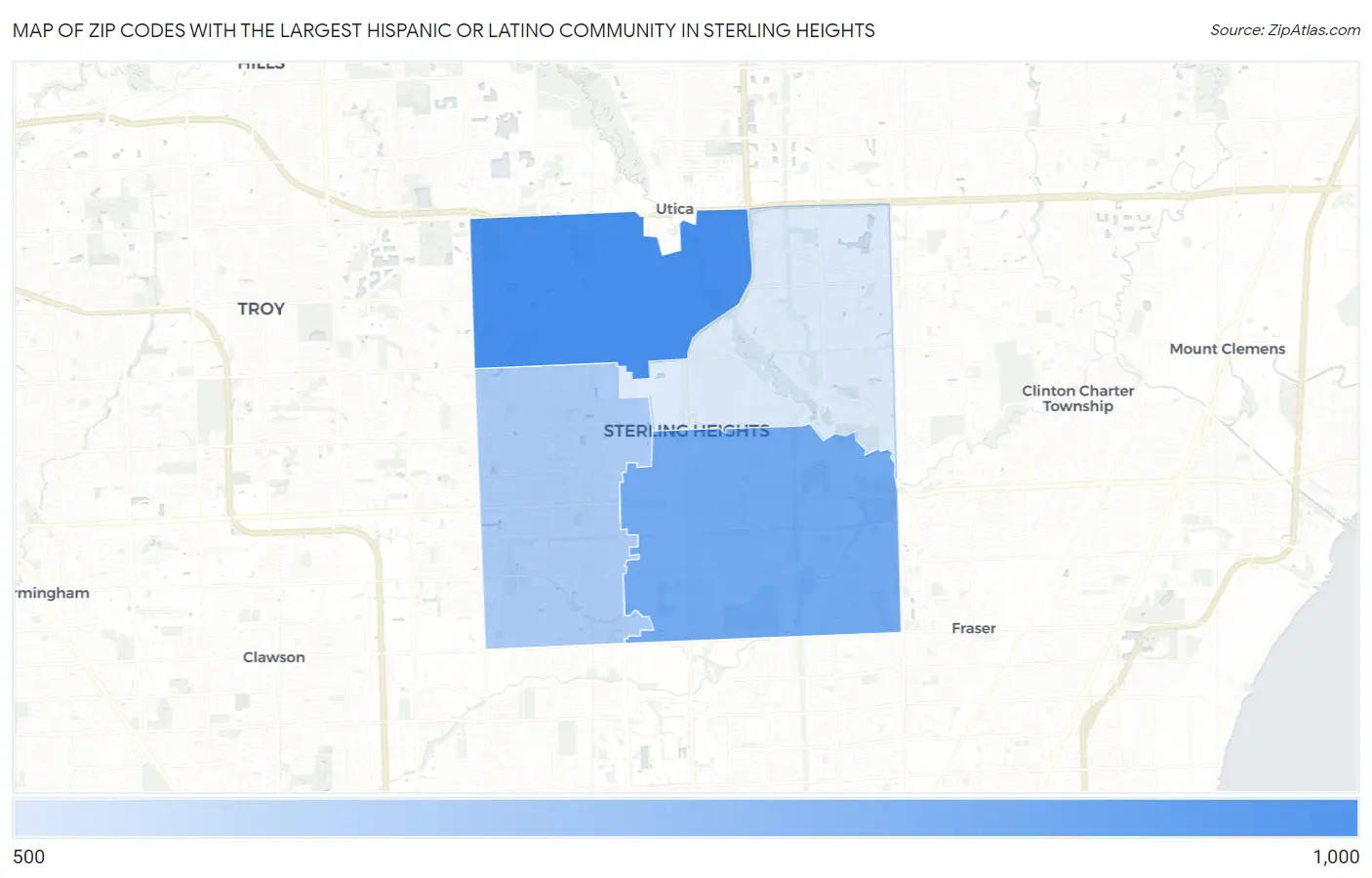 Zip Codes with the Largest Hispanic or Latino Community in Sterling Heights Map