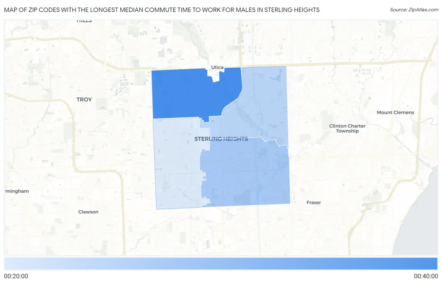 Zip Codes with the Longest Median Commute Time to Work for Males in Sterling Heights Map