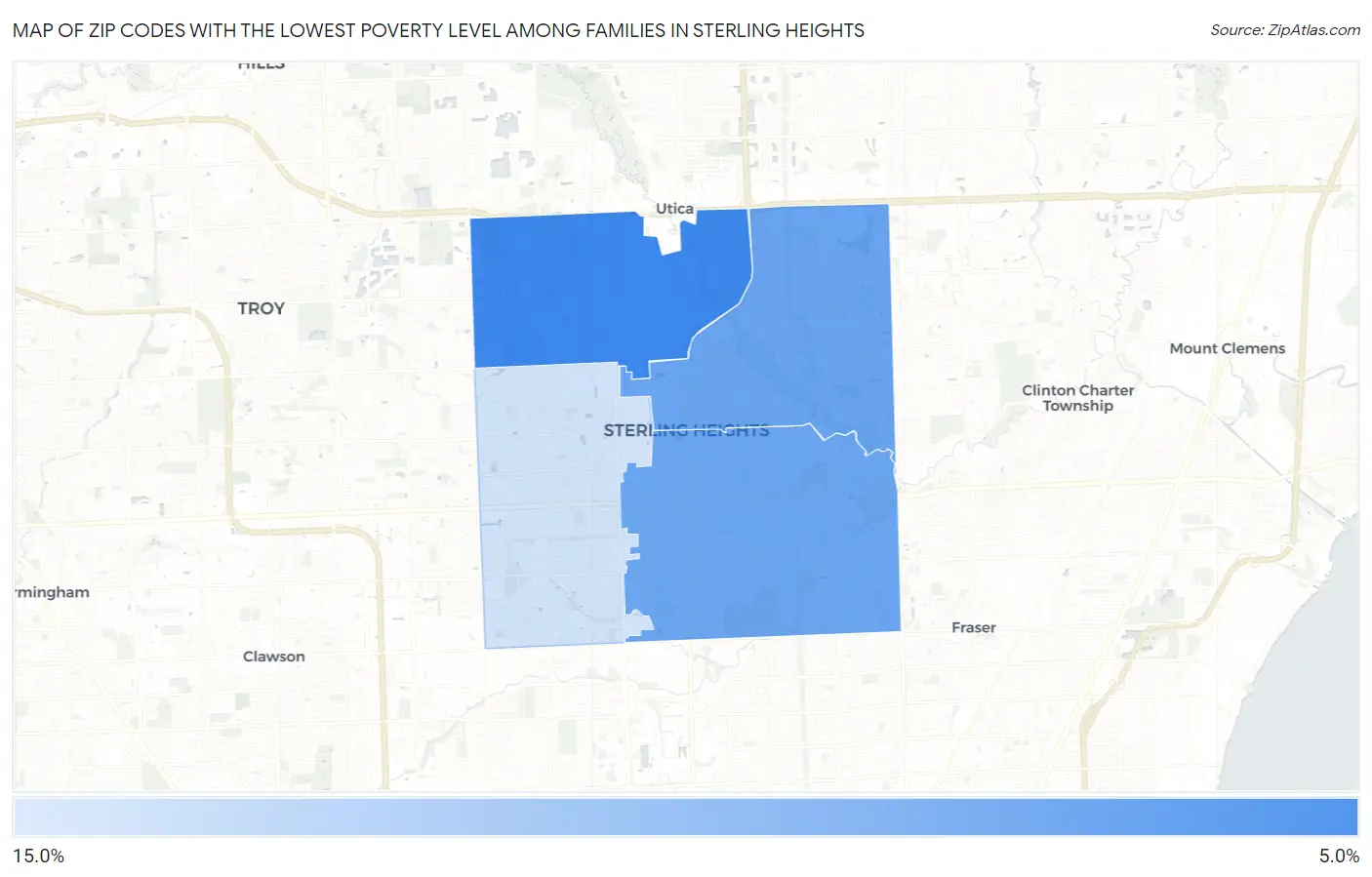 Zip Codes with the Lowest Poverty Level Among Families in Sterling Heights Map