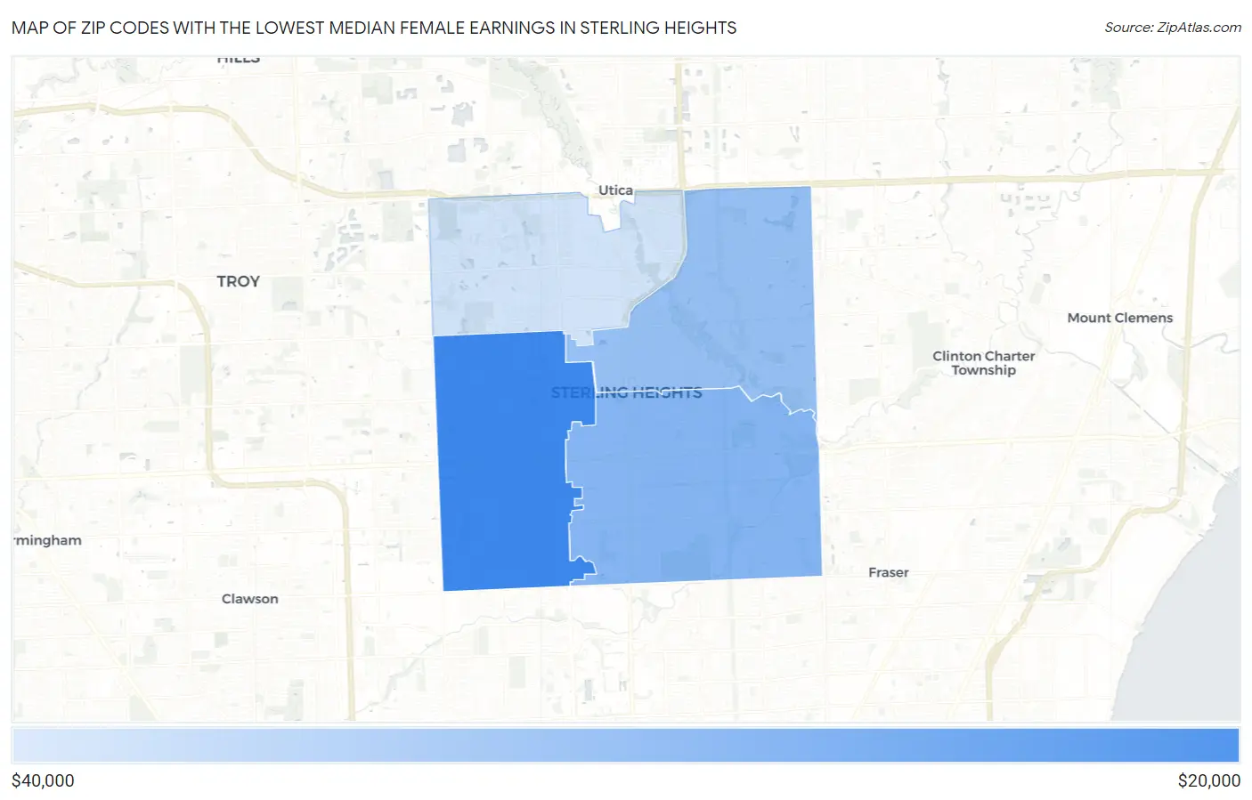 Zip Codes with the Lowest Median Female Earnings in Sterling Heights Map