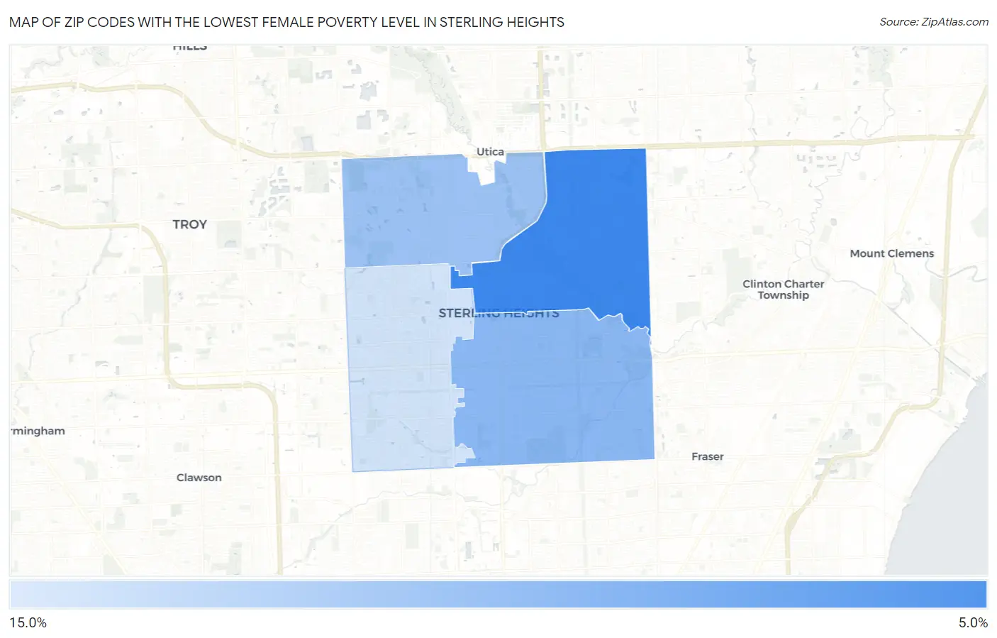Zip Codes with the Lowest Female Poverty Level in Sterling Heights Map