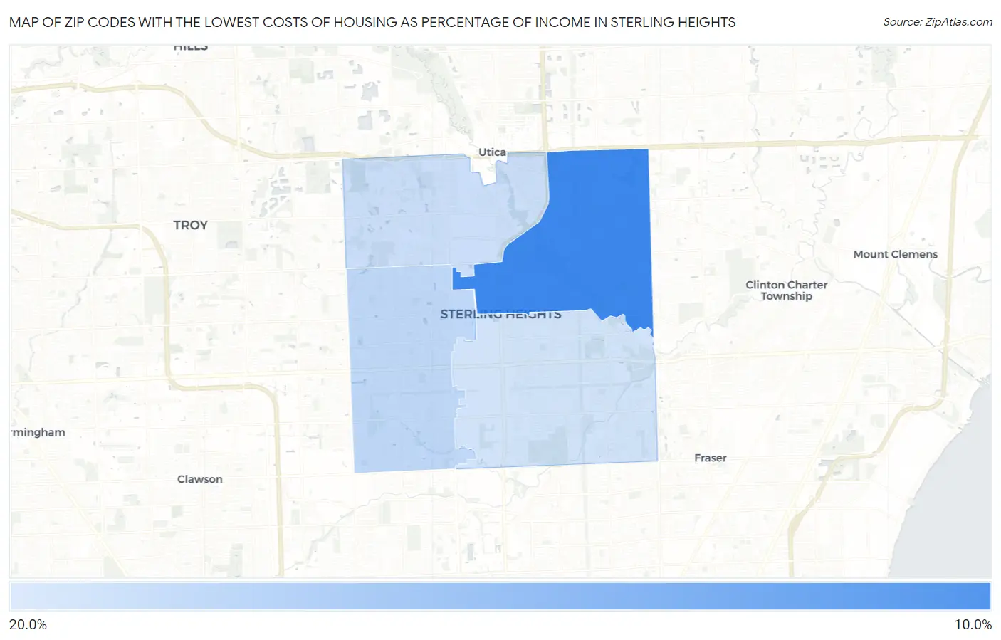 Zip Codes with the Lowest Costs of Housing as Percentage of Income in Sterling Heights Map