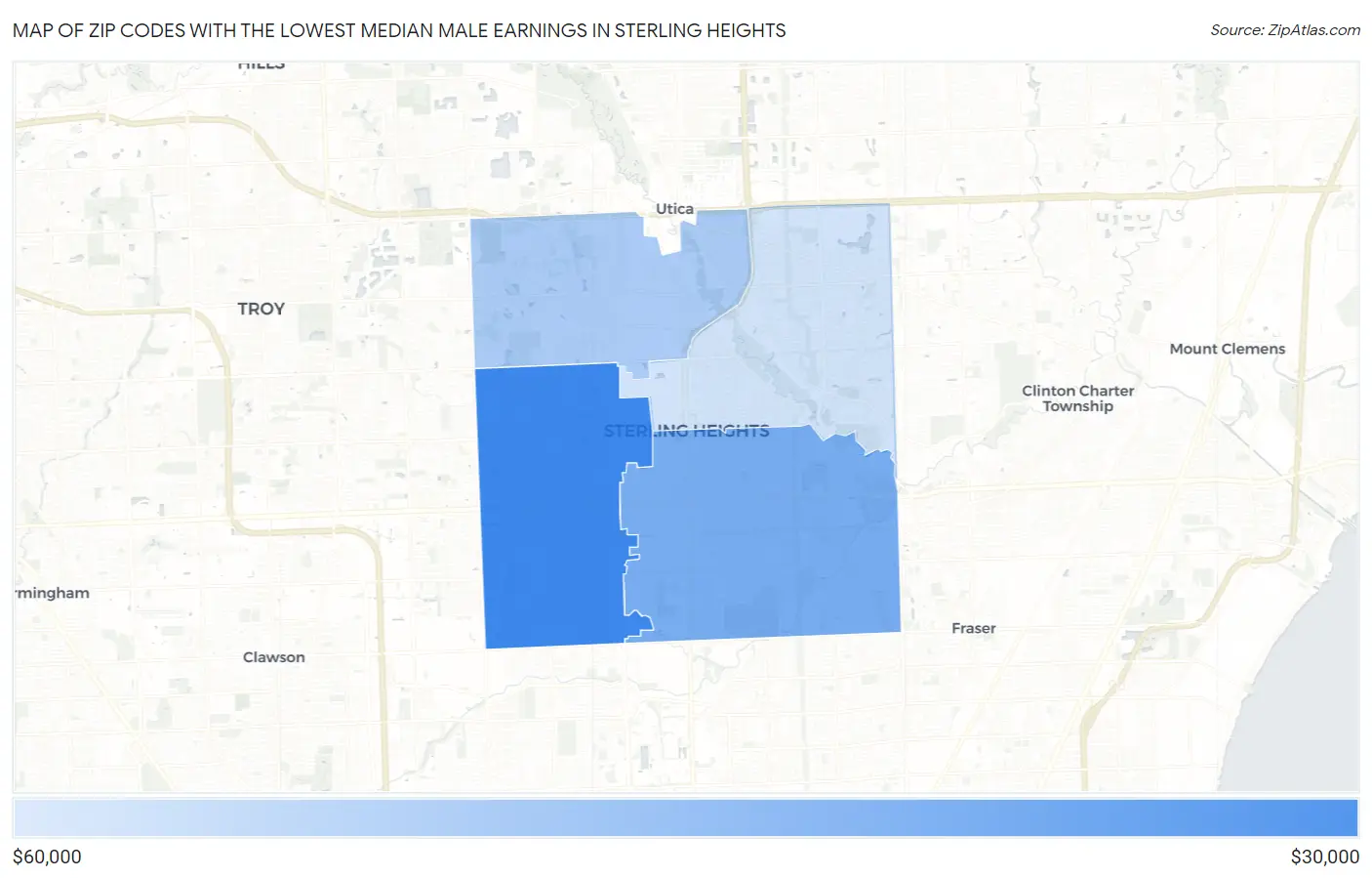 Zip Codes with the Lowest Median Male Earnings in Sterling Heights Map