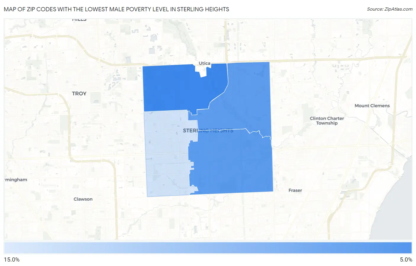 Zip Codes with the Lowest Male Poverty Level in Sterling Heights Map