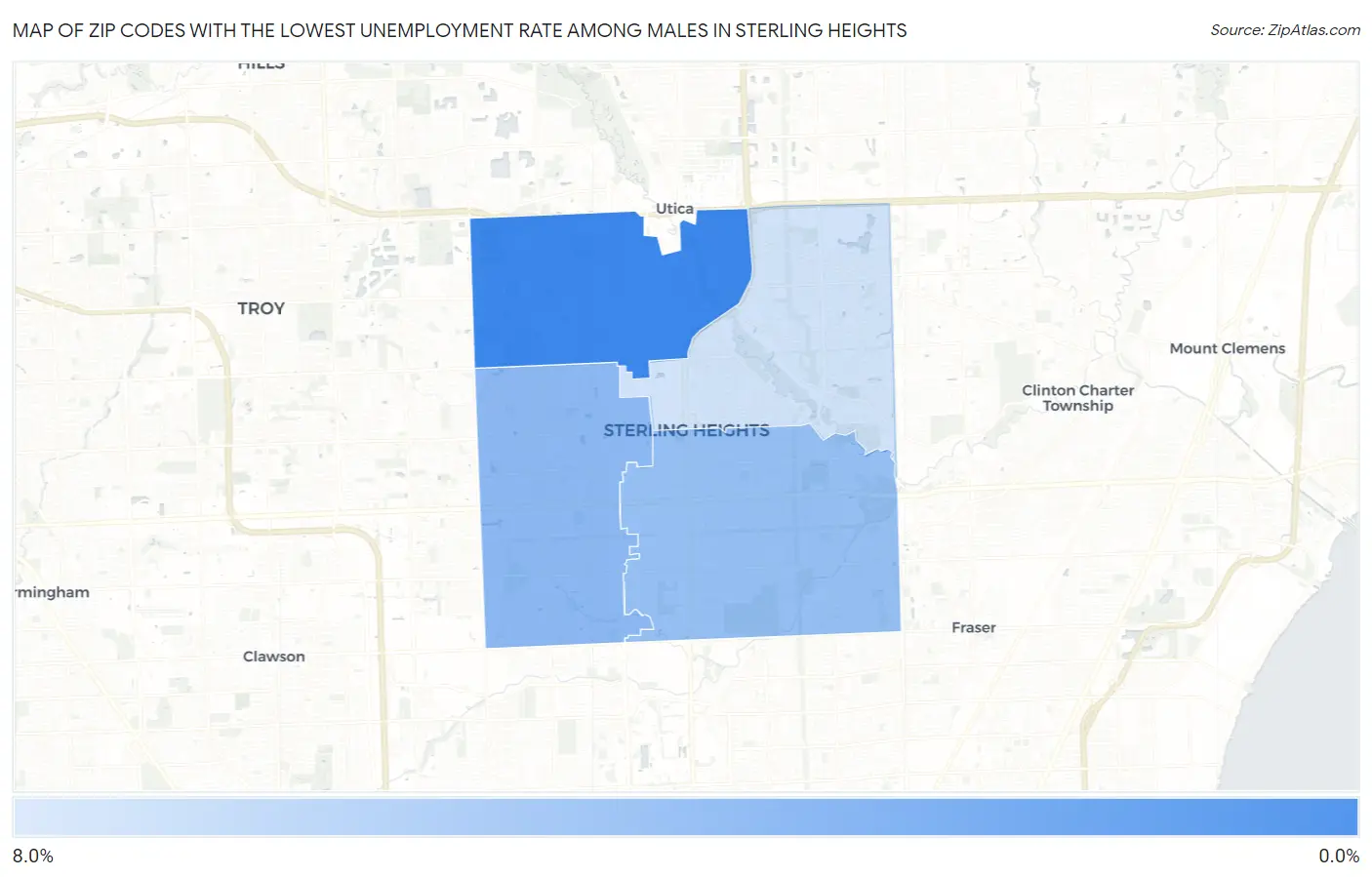 Zip Codes with the Lowest Unemployment Rate Among Males in Sterling Heights Map