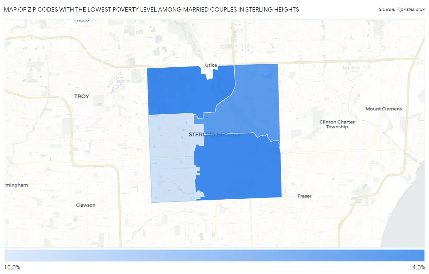 Zip Codes with the Lowest Poverty Level Among Married Couples in Sterling Heights Map