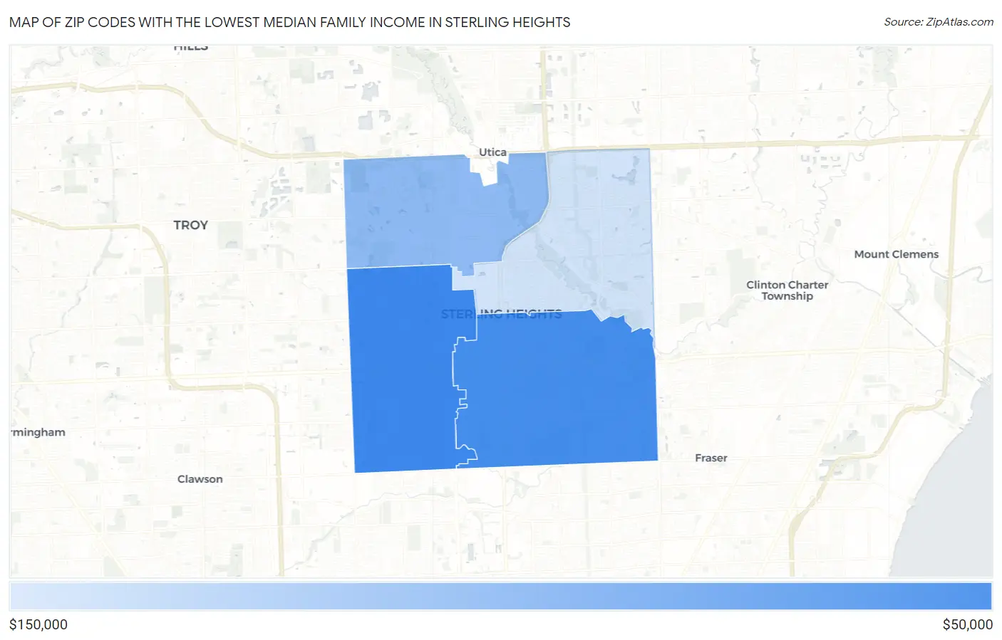 Zip Codes with the Lowest Median Family Income in Sterling Heights Map