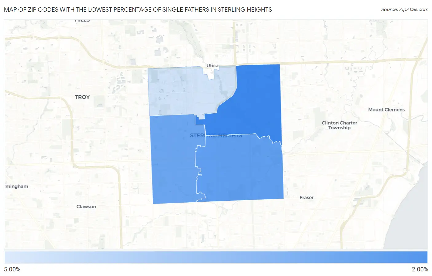 Zip Codes with the Lowest Percentage of Single Fathers in Sterling Heights Map