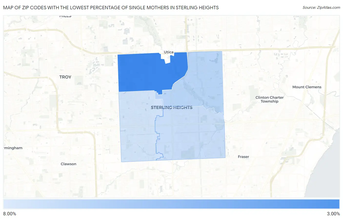 Zip Codes with the Lowest Percentage of Single Mothers in Sterling Heights Map