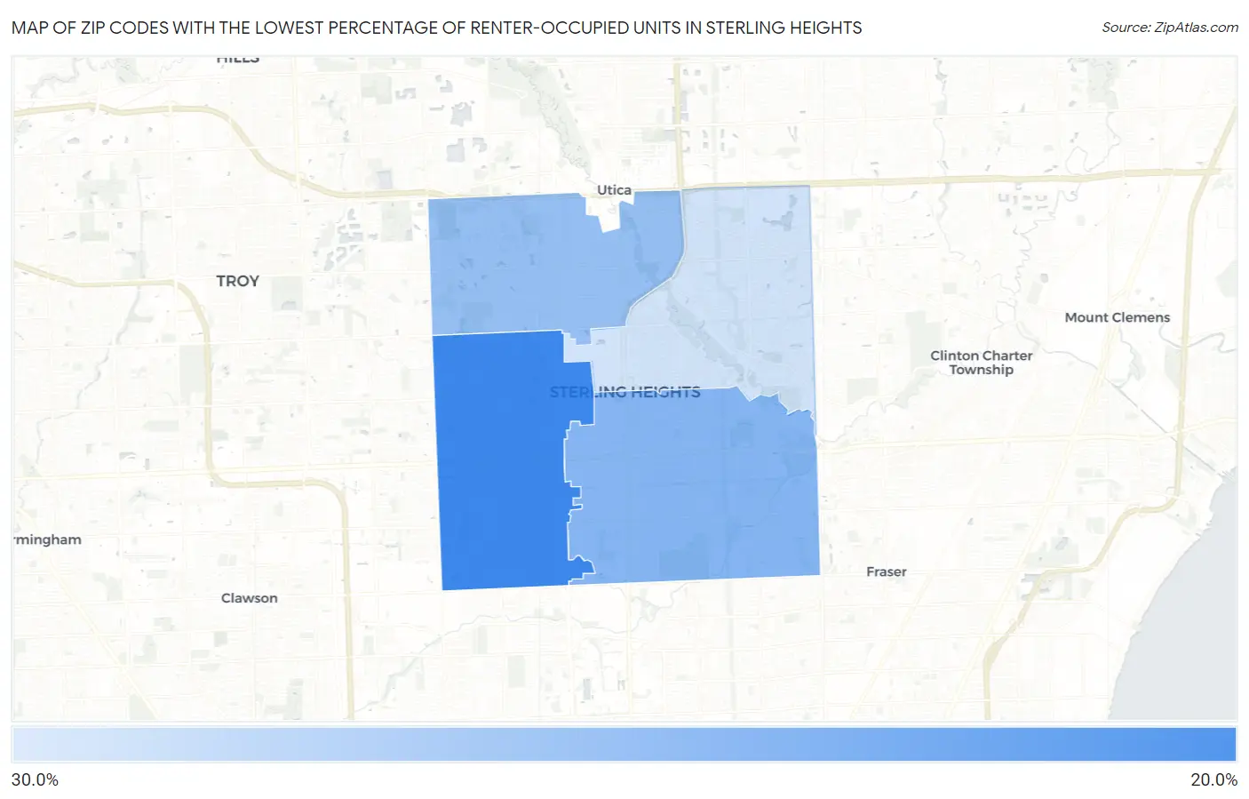Zip Codes with the Lowest Percentage of Renter-Occupied Units in Sterling Heights Map