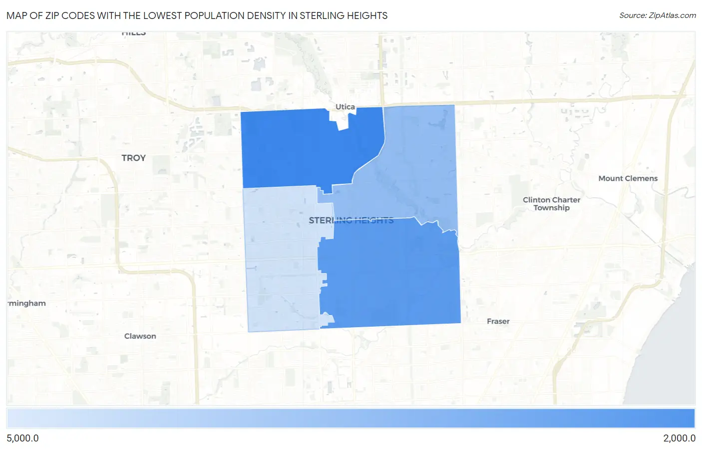 Zip Codes with the Lowest Population Density in Sterling Heights Map