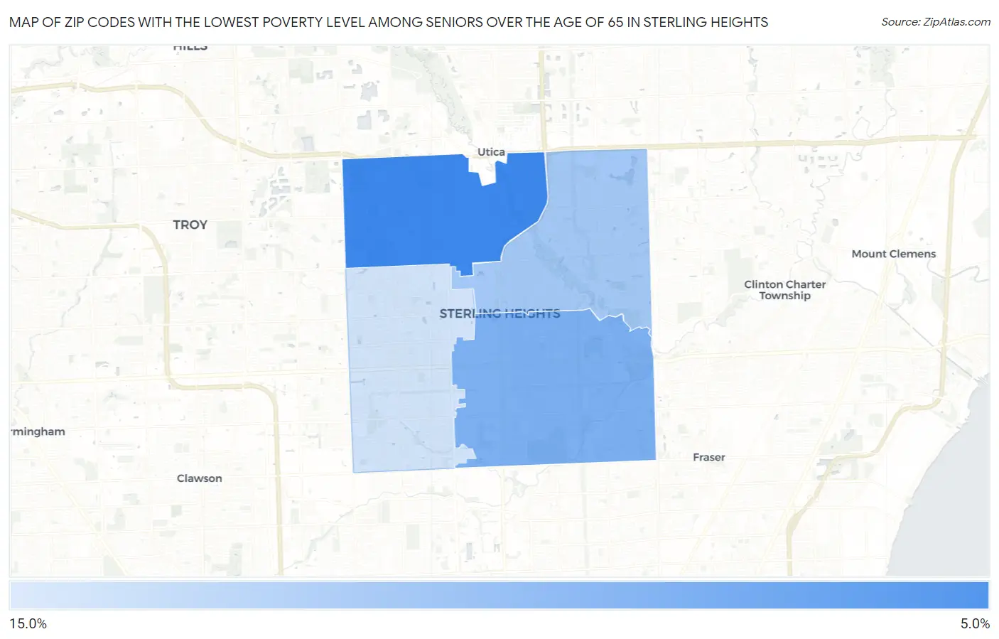 Zip Codes with the Lowest Poverty Level Among Seniors Over the Age of 65 in Sterling Heights Map