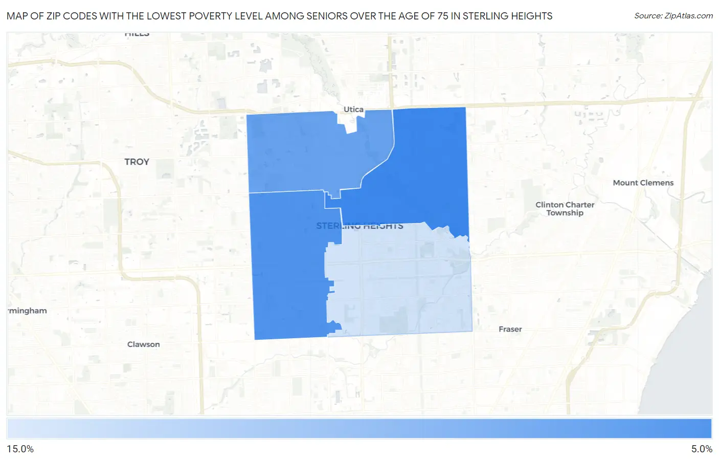 Zip Codes with the Lowest Poverty Level Among Seniors Over the Age of 75 in Sterling Heights Map