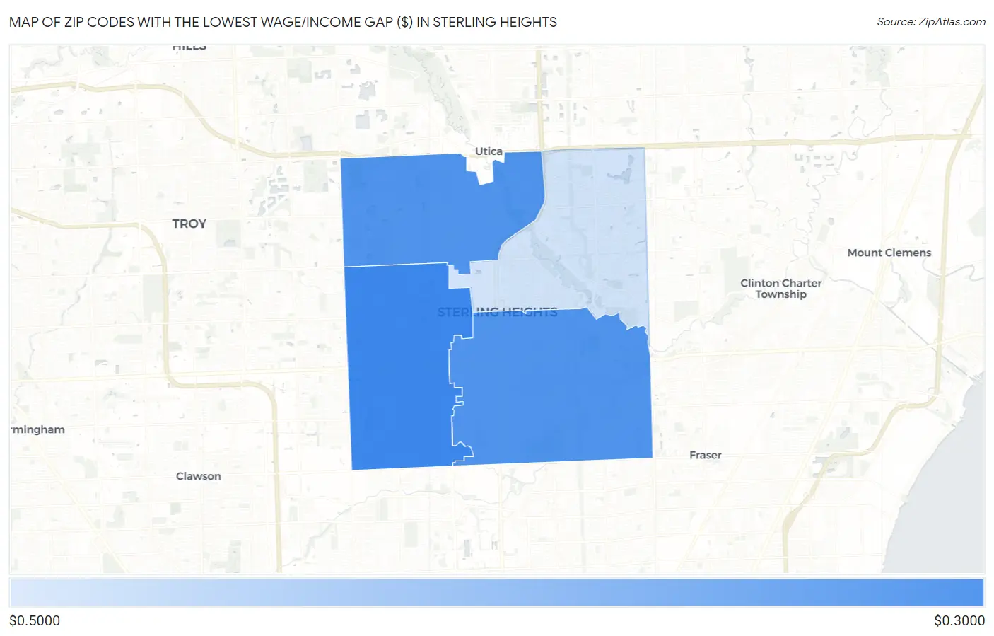 Zip Codes with the Lowest Wage/Income Gap ($) in Sterling Heights Map