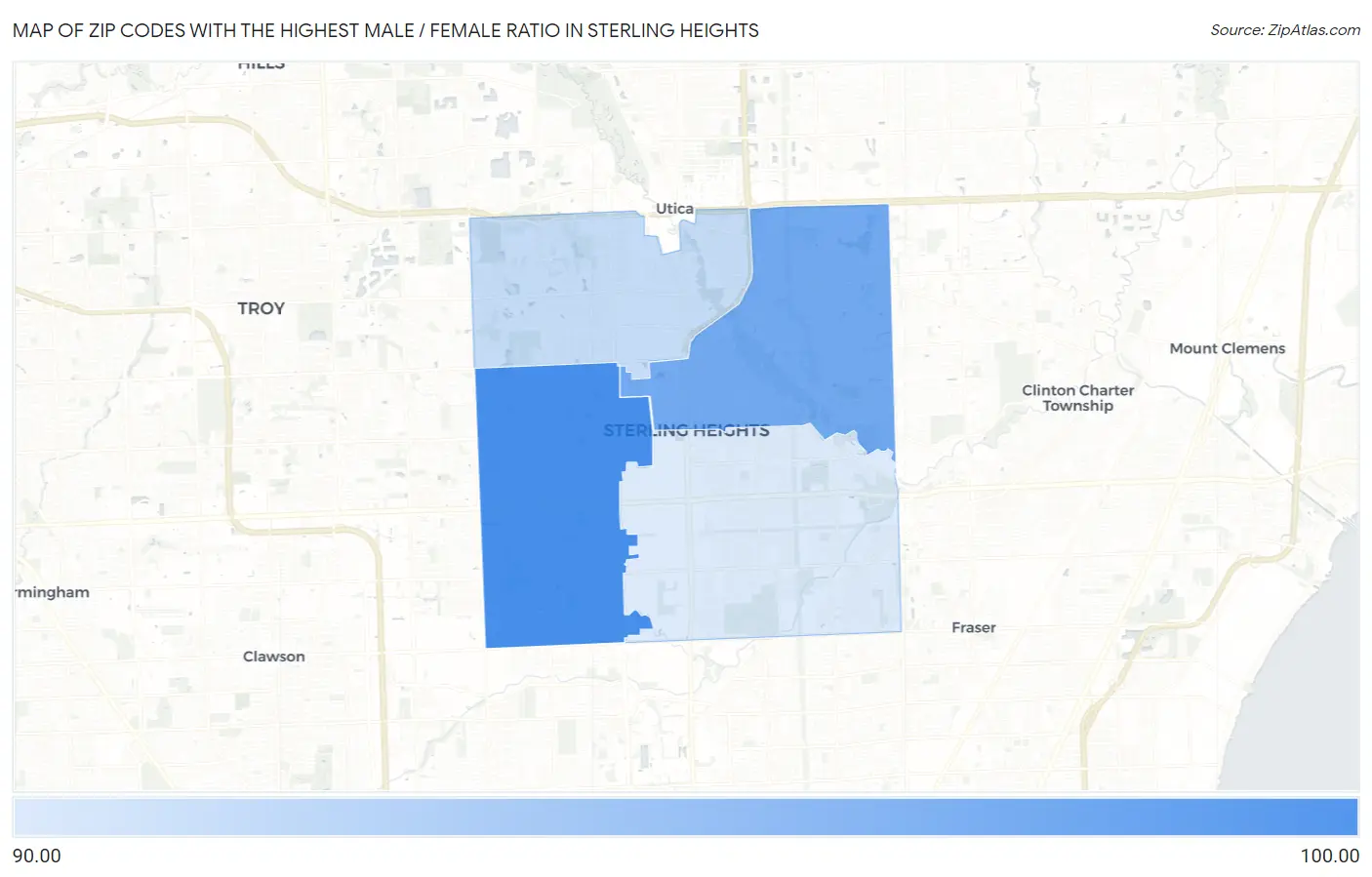 Zip Codes with the Highest Male / Female Ratio in Sterling Heights Map