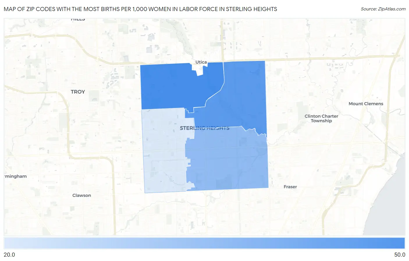 Zip Codes with the Most Births per 1,000 Women in Labor Force in Sterling Heights Map