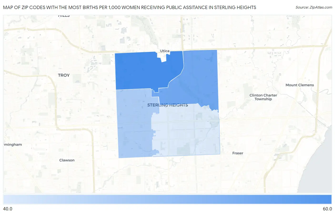 Zip Codes with the Most Births per 1,000 Women Receiving Public Assitance in Sterling Heights Map