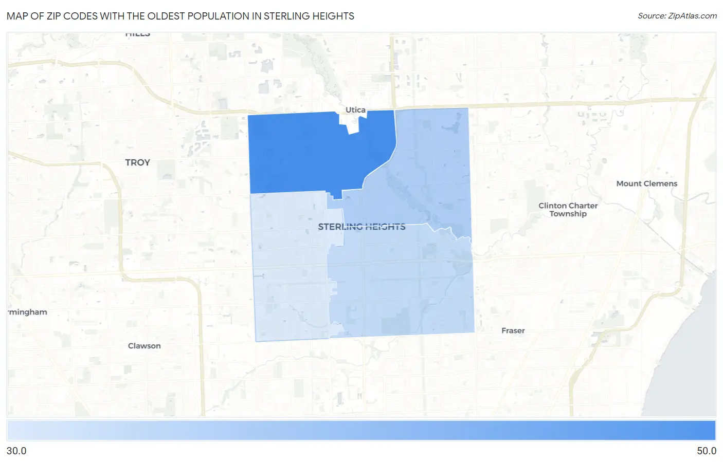Zip Codes with the Oldest Population in Sterling Heights Map