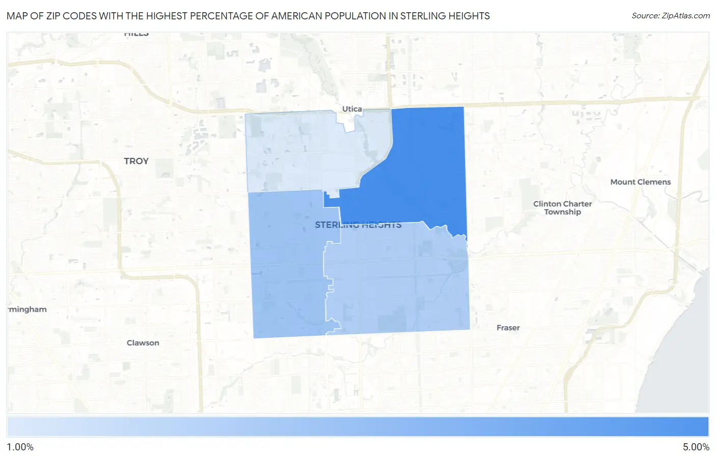 Zip Codes with the Highest Percentage of American Population in Sterling Heights Map