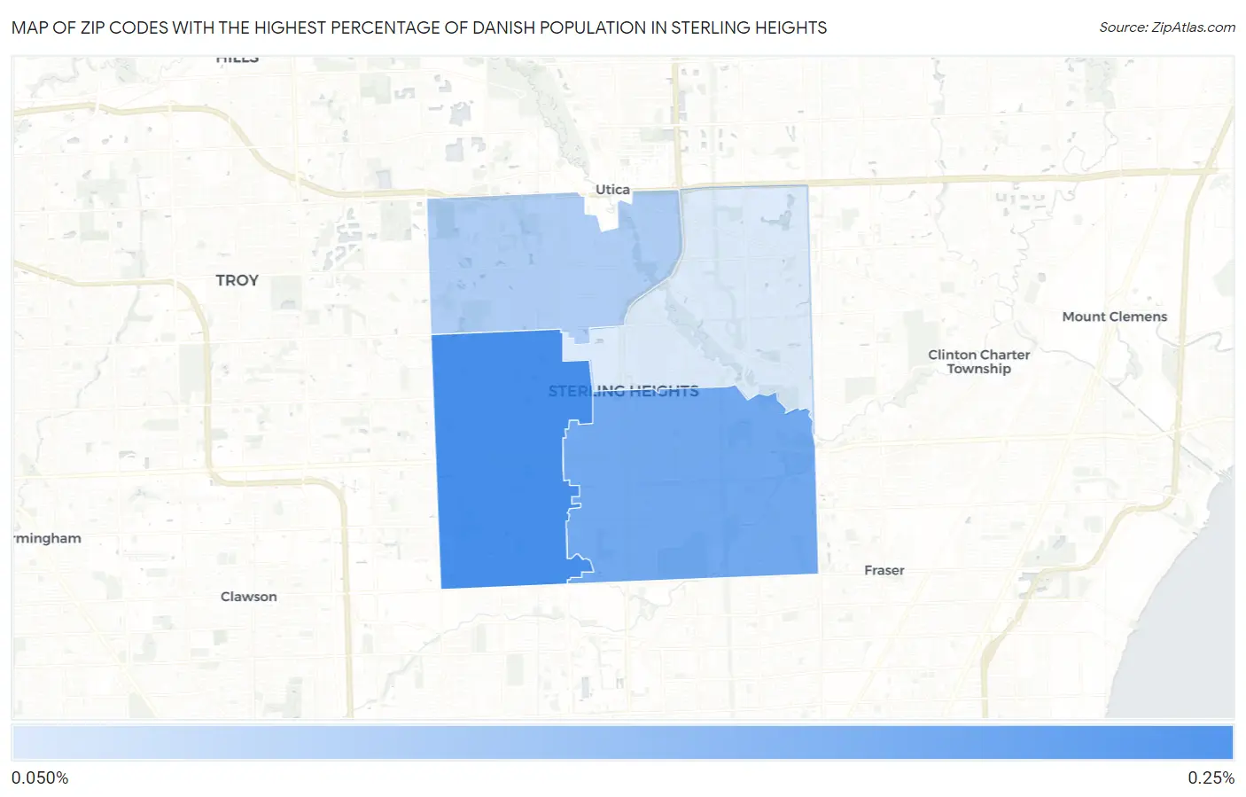Zip Codes with the Highest Percentage of Danish Population in Sterling Heights Map