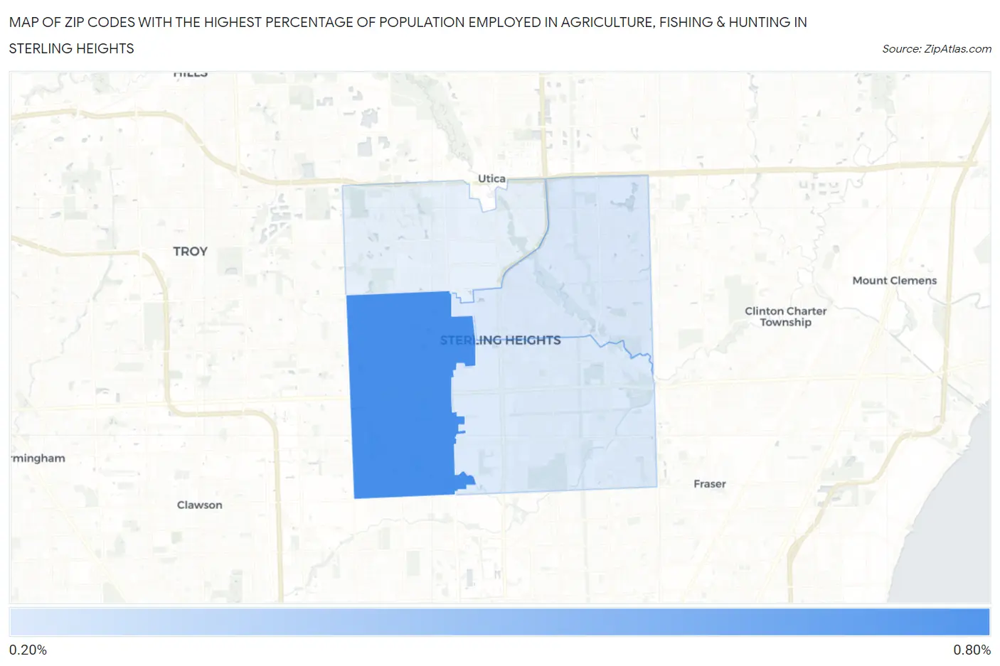 Zip Codes with the Highest Percentage of Population Employed in Agriculture, Fishing & Hunting in Sterling Heights Map