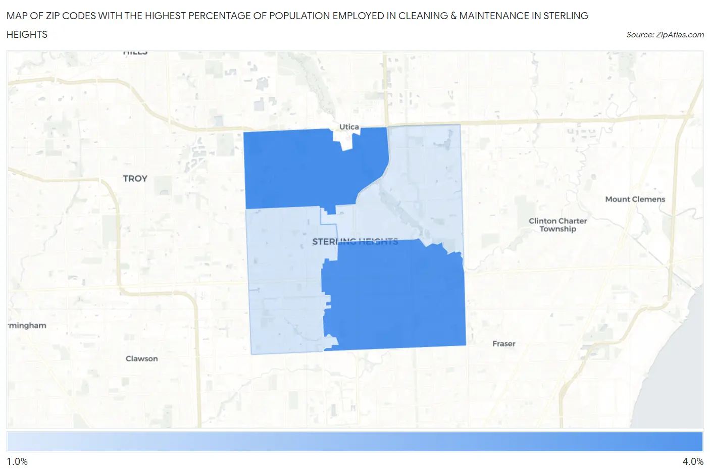 Zip Codes with the Highest Percentage of Population Employed in Cleaning & Maintenance in Sterling Heights Map