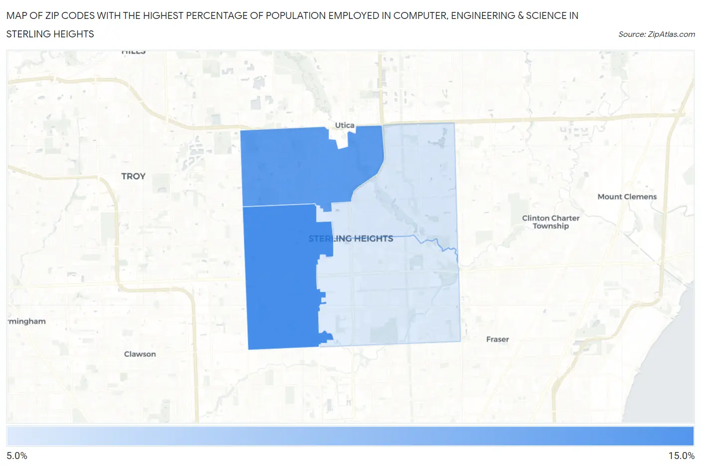 Zip Codes with the Highest Percentage of Population Employed in Computer, Engineering & Science in Sterling Heights Map