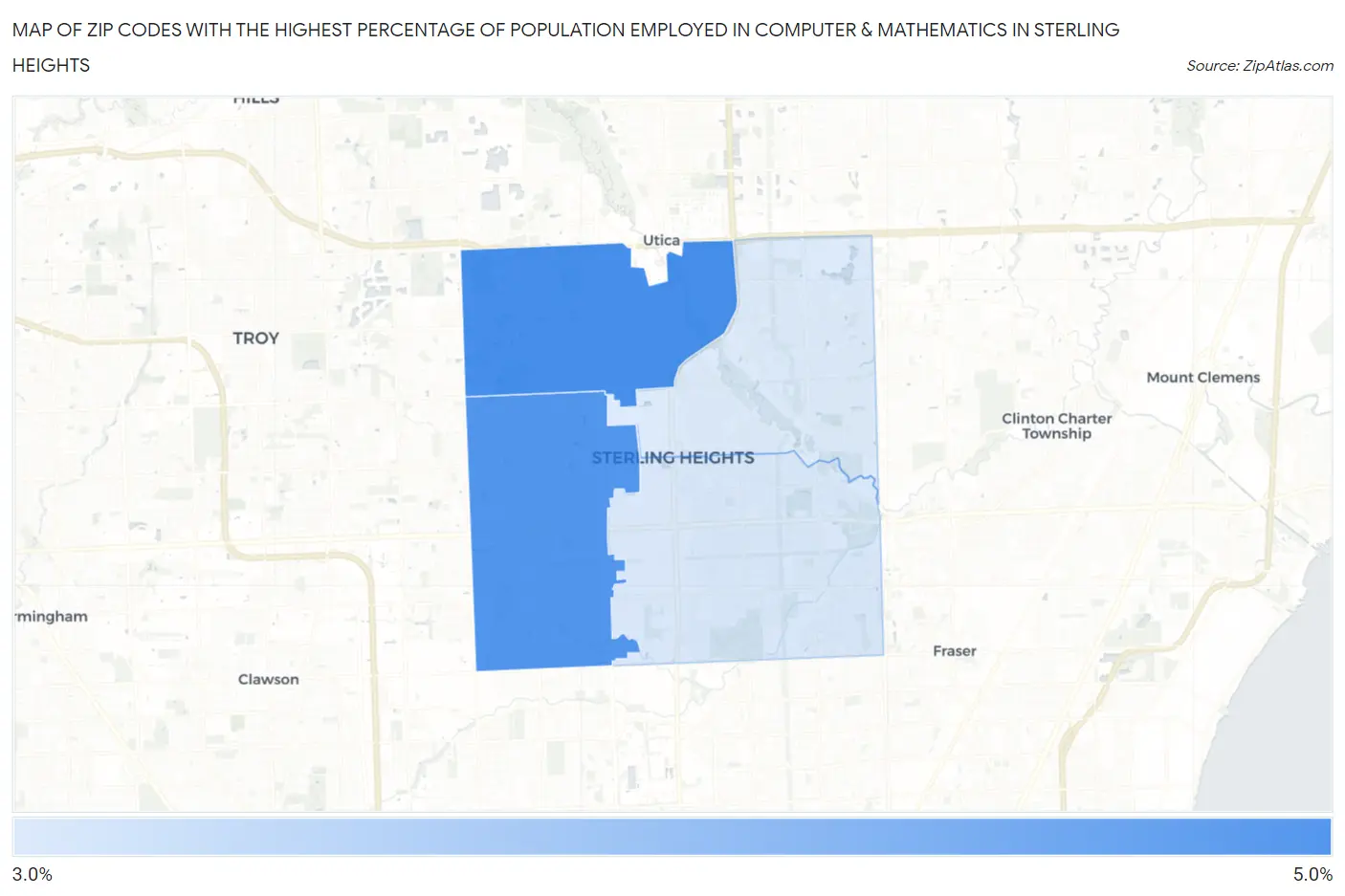 Zip Codes with the Highest Percentage of Population Employed in Computer & Mathematics in Sterling Heights Map