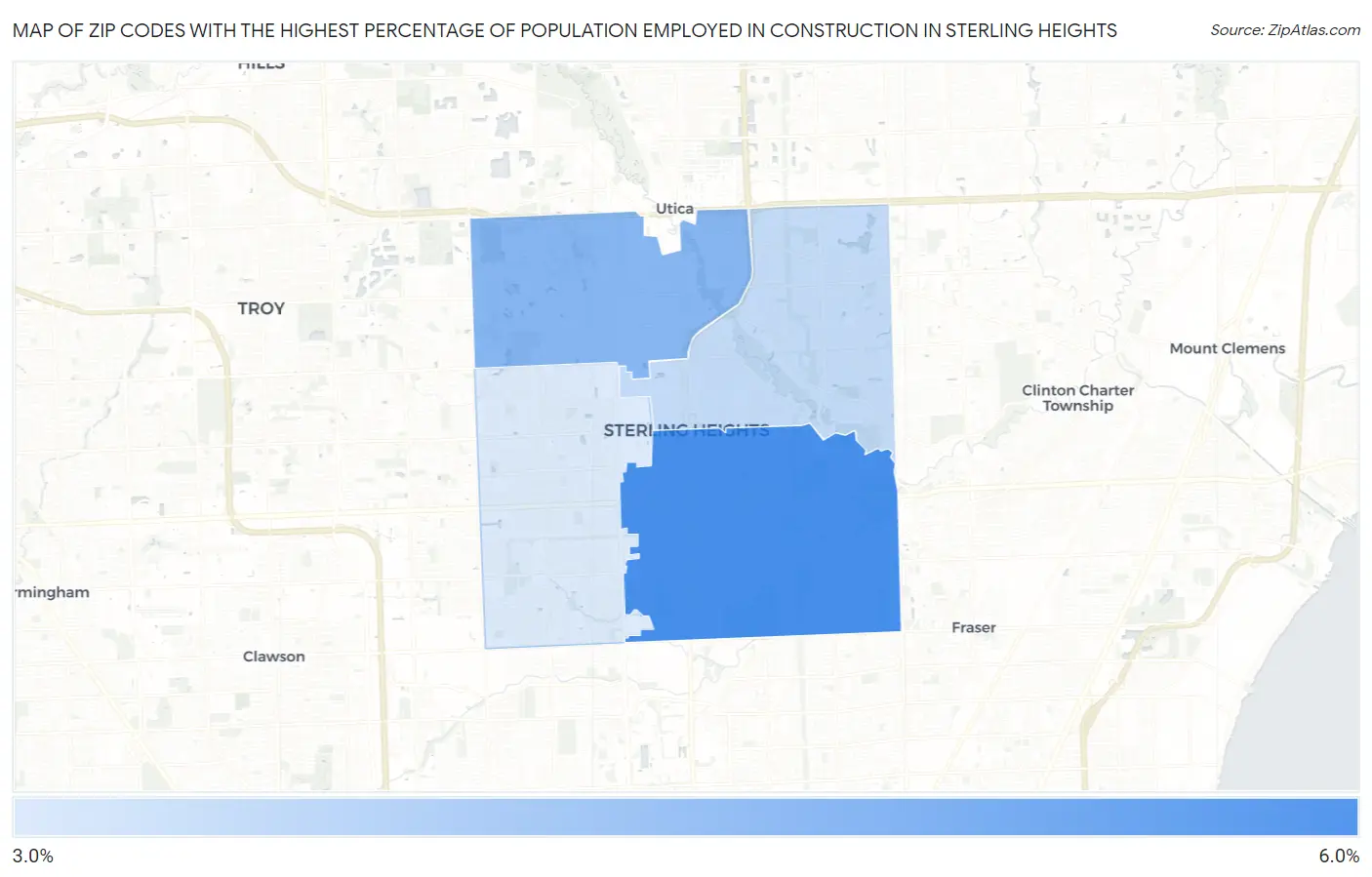 Zip Codes with the Highest Percentage of Population Employed in Construction in Sterling Heights Map