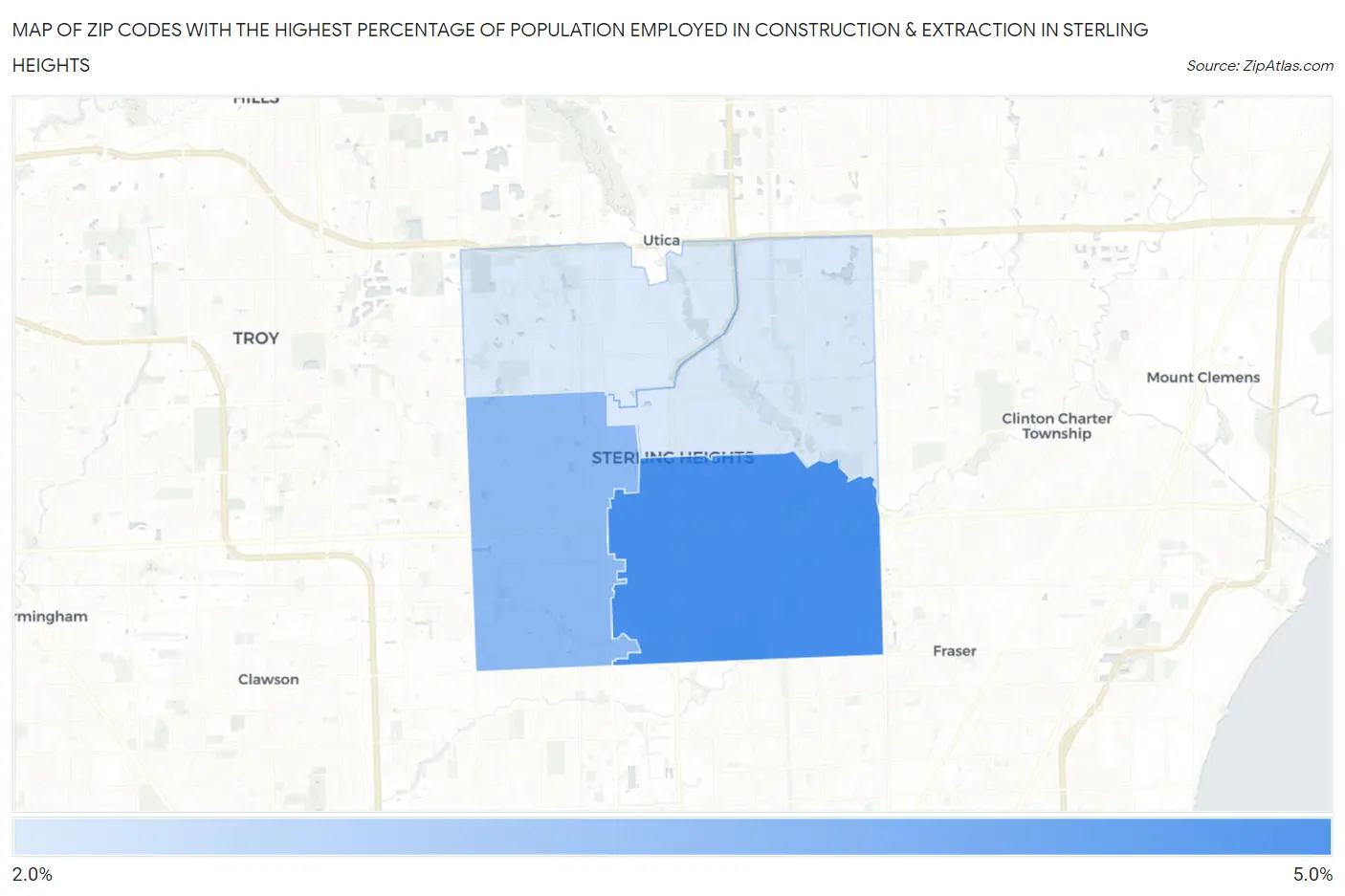 Zip Codes with the Highest Percentage of Population Employed in Construction & Extraction in Sterling Heights Map
