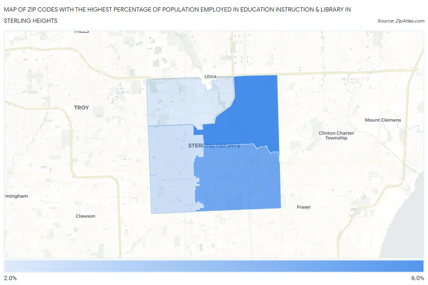 Zip Codes with the Highest Percentage of Population Employed in Education Instruction & Library in Sterling Heights Map