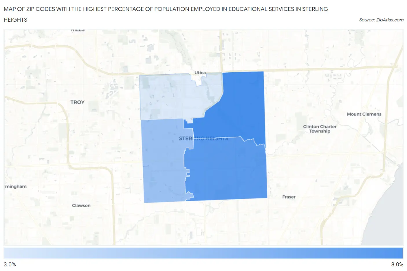 Zip Codes with the Highest Percentage of Population Employed in Educational Services in Sterling Heights Map